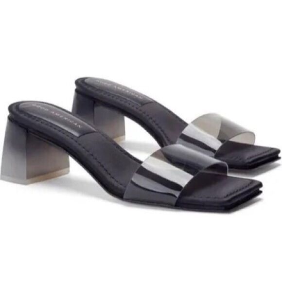 GOOD‎ AMERICAN Black Side Sandal Two Tone Block Heel Square Toe Satin Size 10 - Picture 1 of 8